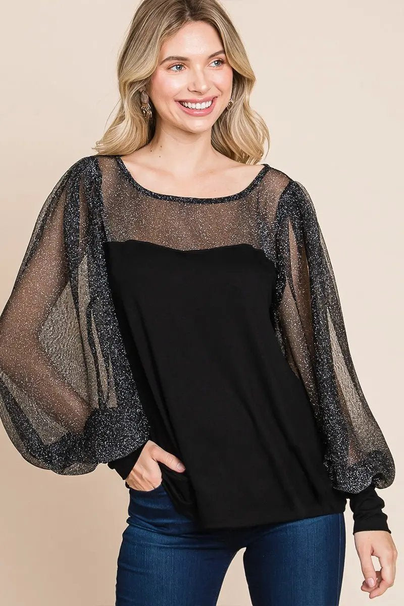 Super Lady Full Size Metallic Mesh Lantern Sleeve Blouse - Love Salve